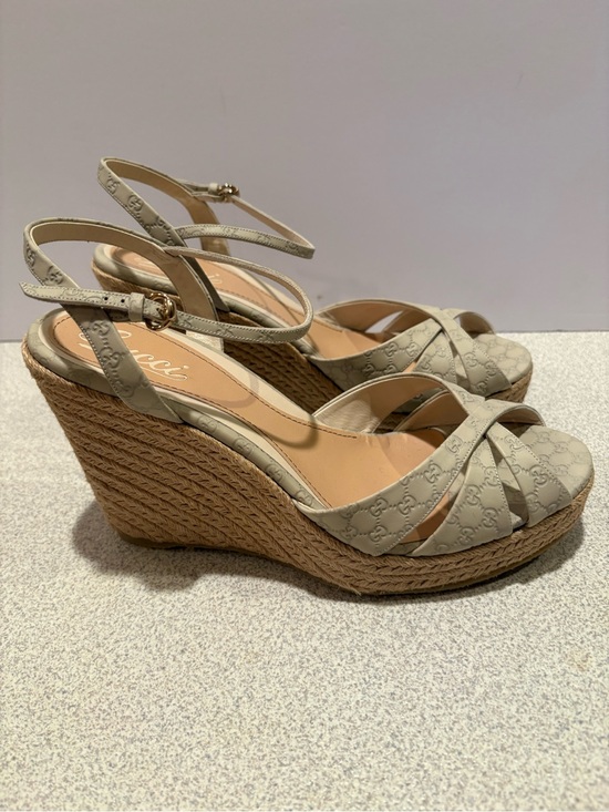 Shoes - Gucci Beige GG Monogram Espadrille Wedge Sandals Penelope 41.5/11.5 New